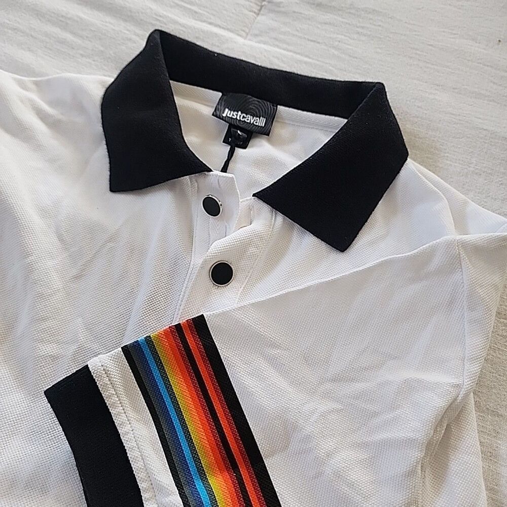 Just Cavalli Polo Shirt Mens Size L White Rainbow Stripe Short Sleeve Graphic